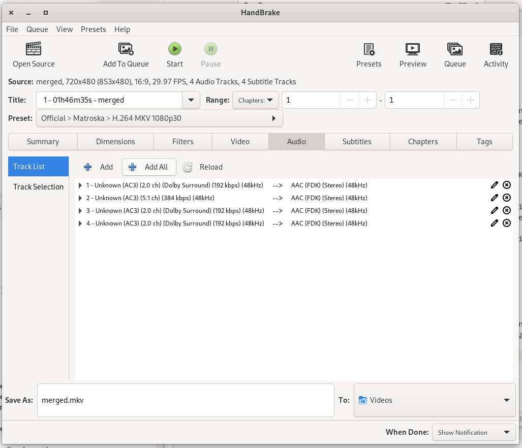 Screenshot of Handbrake transcoding utility