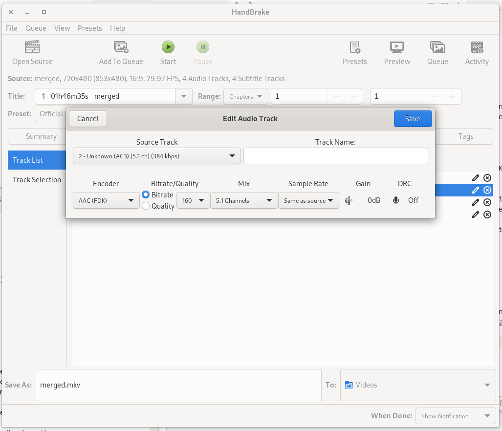 Handbrake editing interface for embedded 5.1 audio tracks