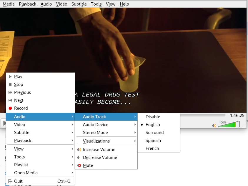 VLC interface playing a video with correct subtitle embeds and multiple languages