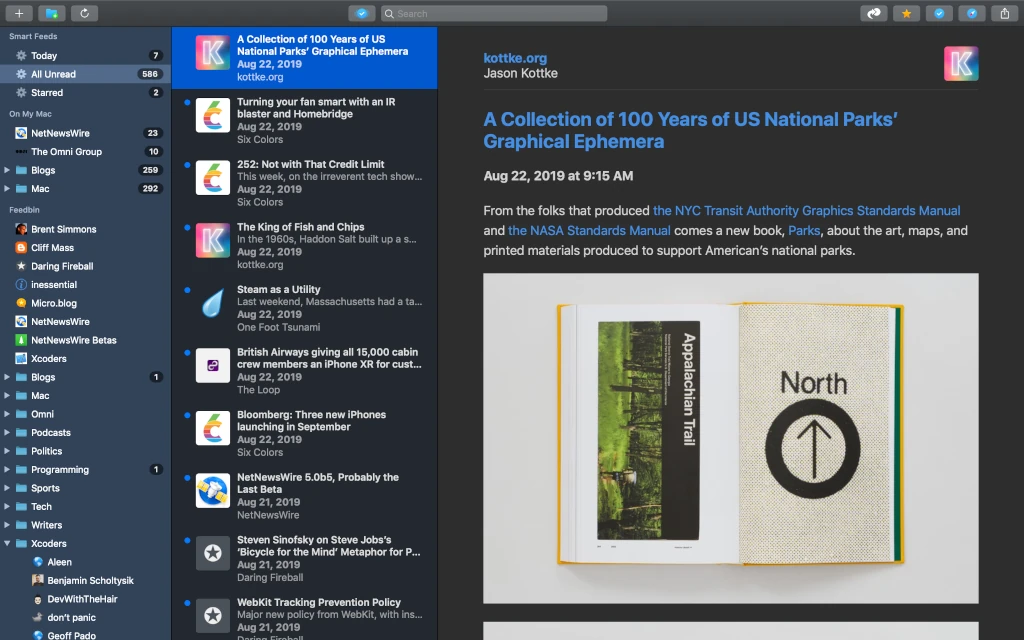 Screenshot of NetNewsWire version 5 on the MacOS desktop